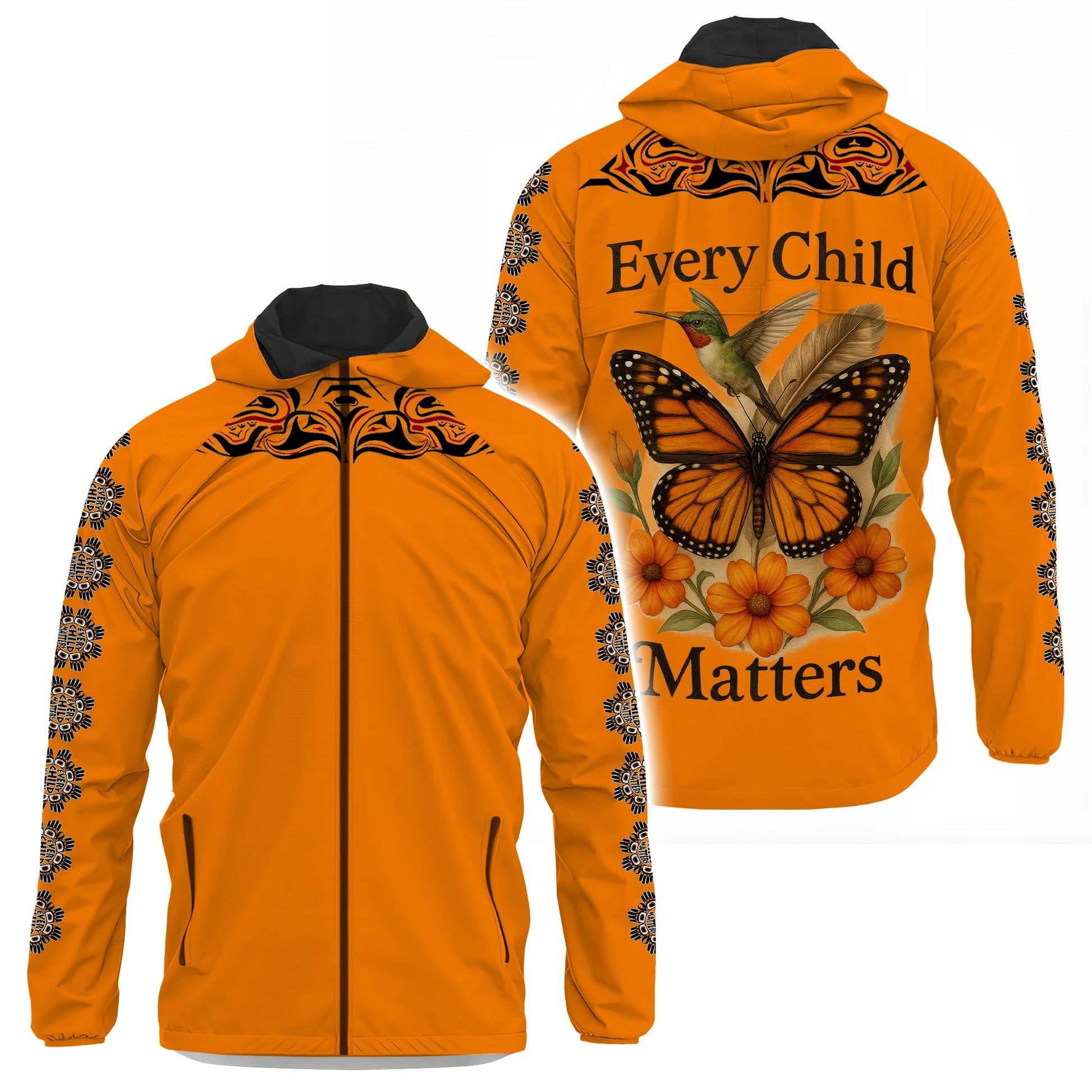 Orange hooded jacket. "Every Child Matters" with butterfly, hummingbird, and tribal patterns.