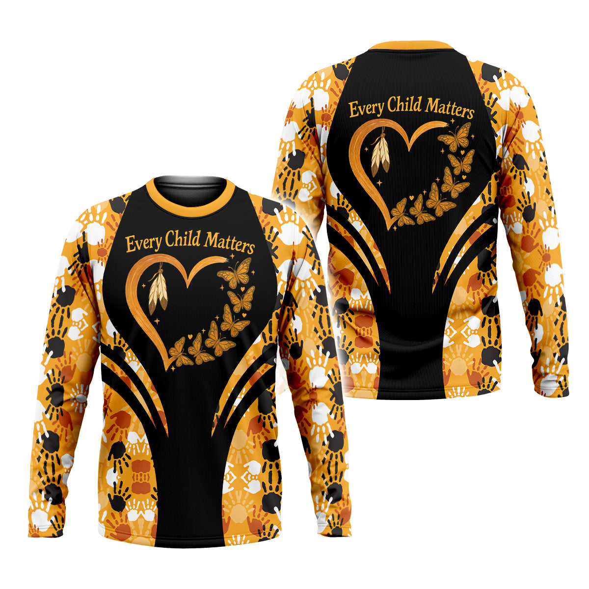 A Long Sleeve Tshirt with an "Every Child Matters" design, featuring a handprint, heart, and butterfly to honor First Nations children.