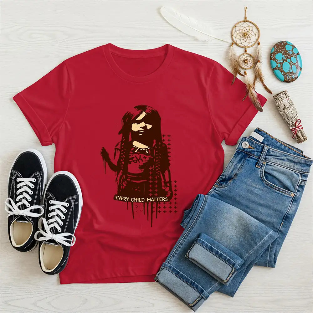 Red t-shirt with Indigenous girl graphic and "Every Child Matters" text, paired with casual jeans and sneakers