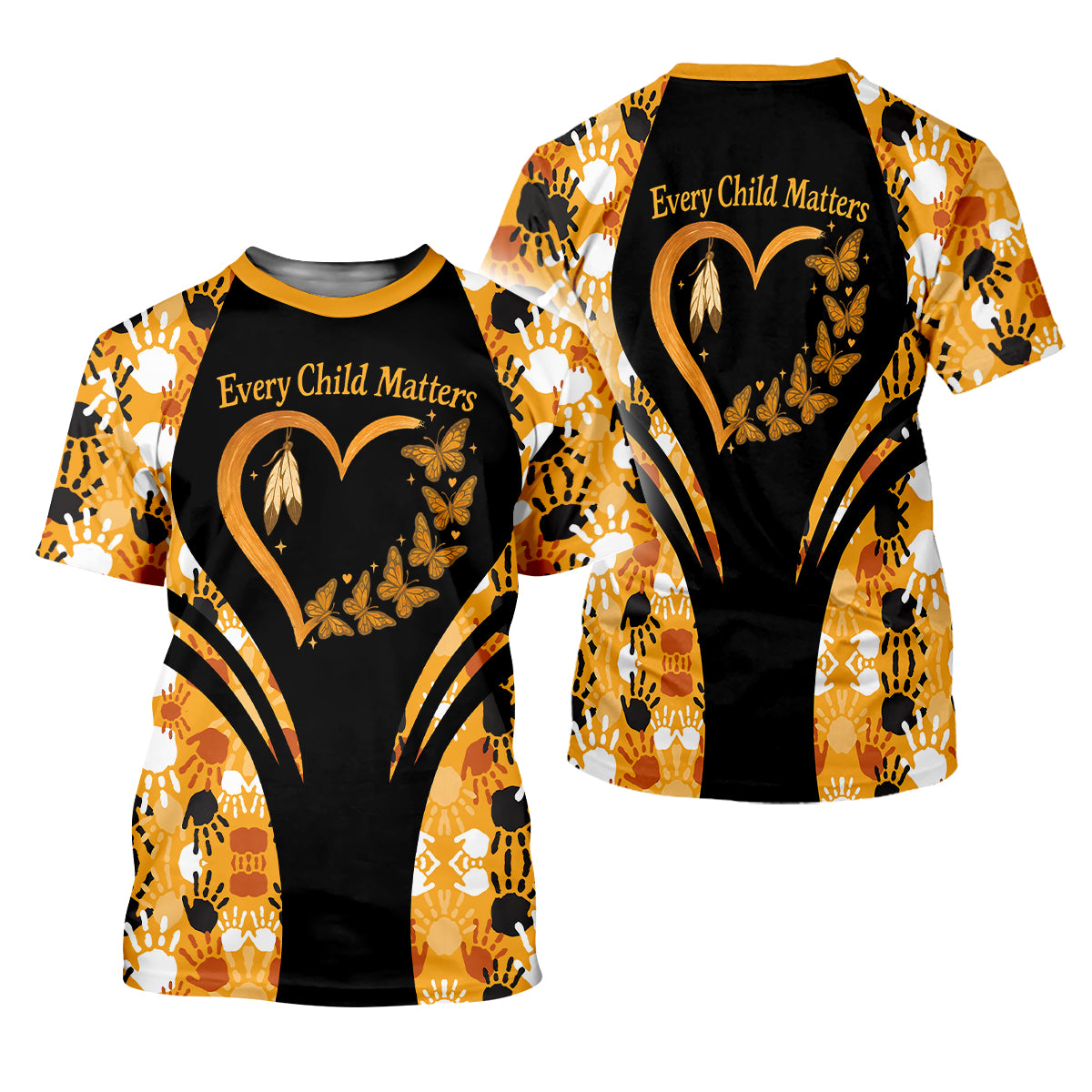 A T-shirt with an "Every Child Matters" design, featuring a handprint, heart, and butterfly to honor First Nations children.