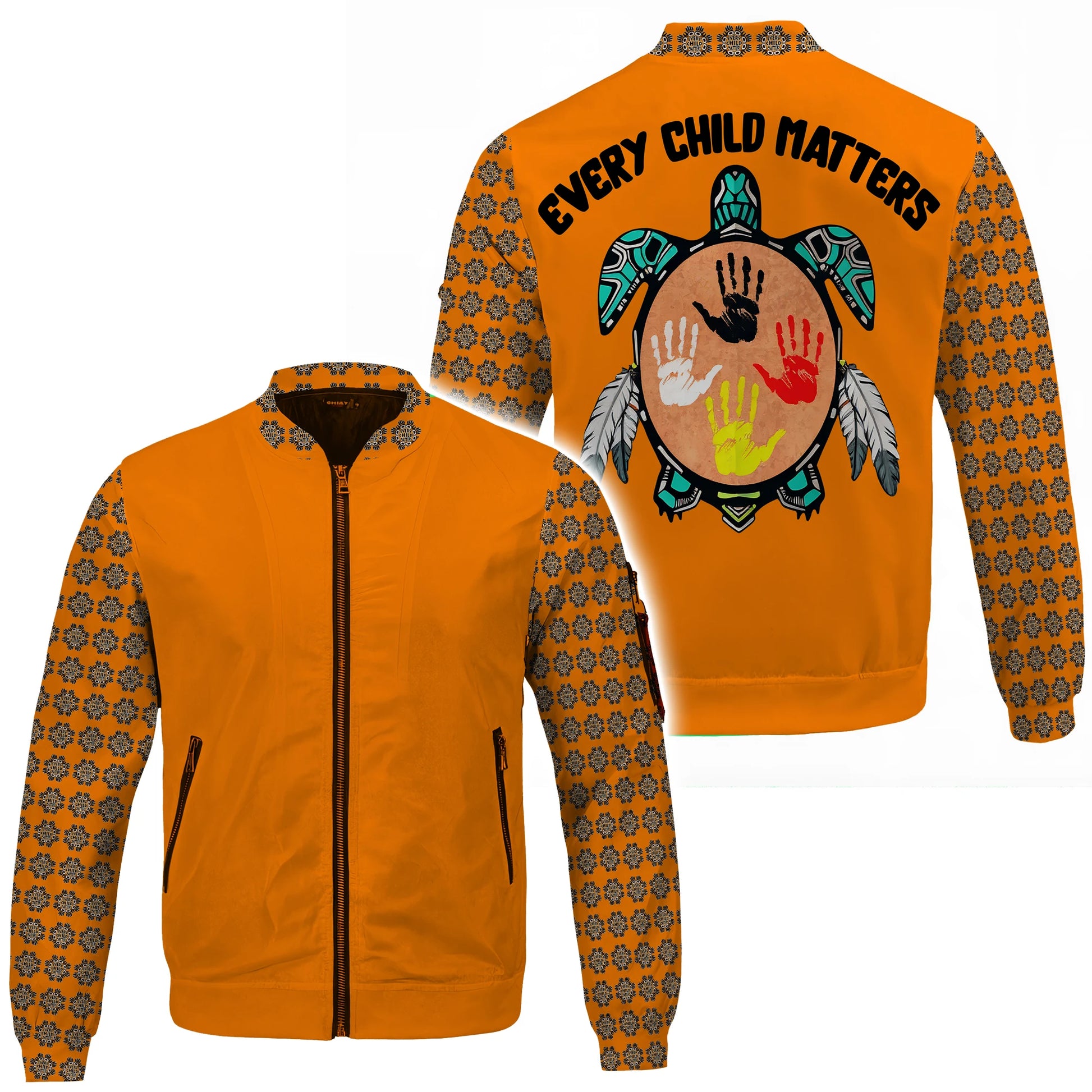 Orange bomber jacket with "Every Child Matters" text, a turtle with colorful handprints, and patterns.