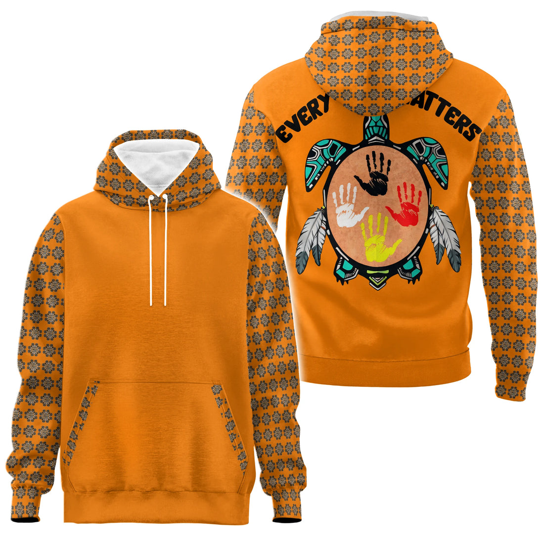 Orange zip-up hoodie with "Every Child Matters" text, a turtle with colorful handprints, and patterns.