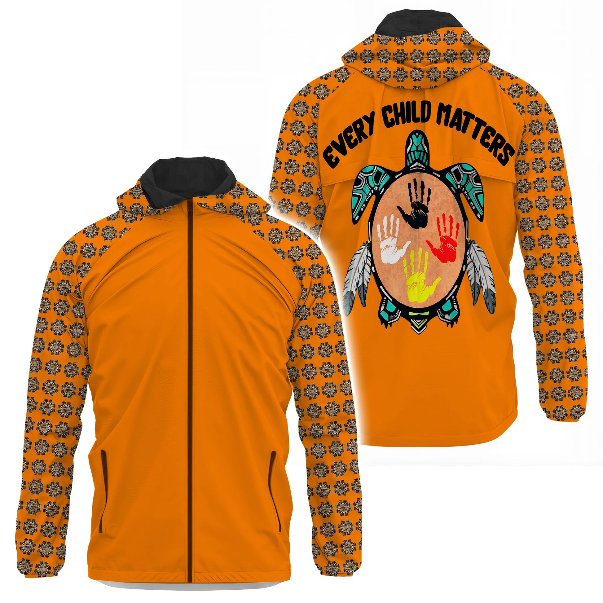 Orange windbreaker with "Every Child Matters" text, a turtle with colorful handprints, and patterns.