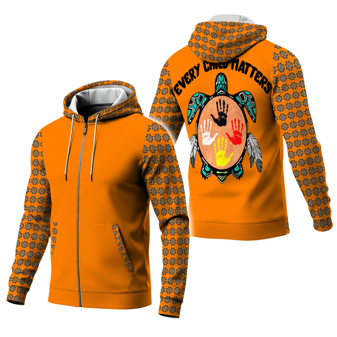 Orange zip-up hoodie with "Every Child Matters" text, a turtle with colorful handprints, and patterns.