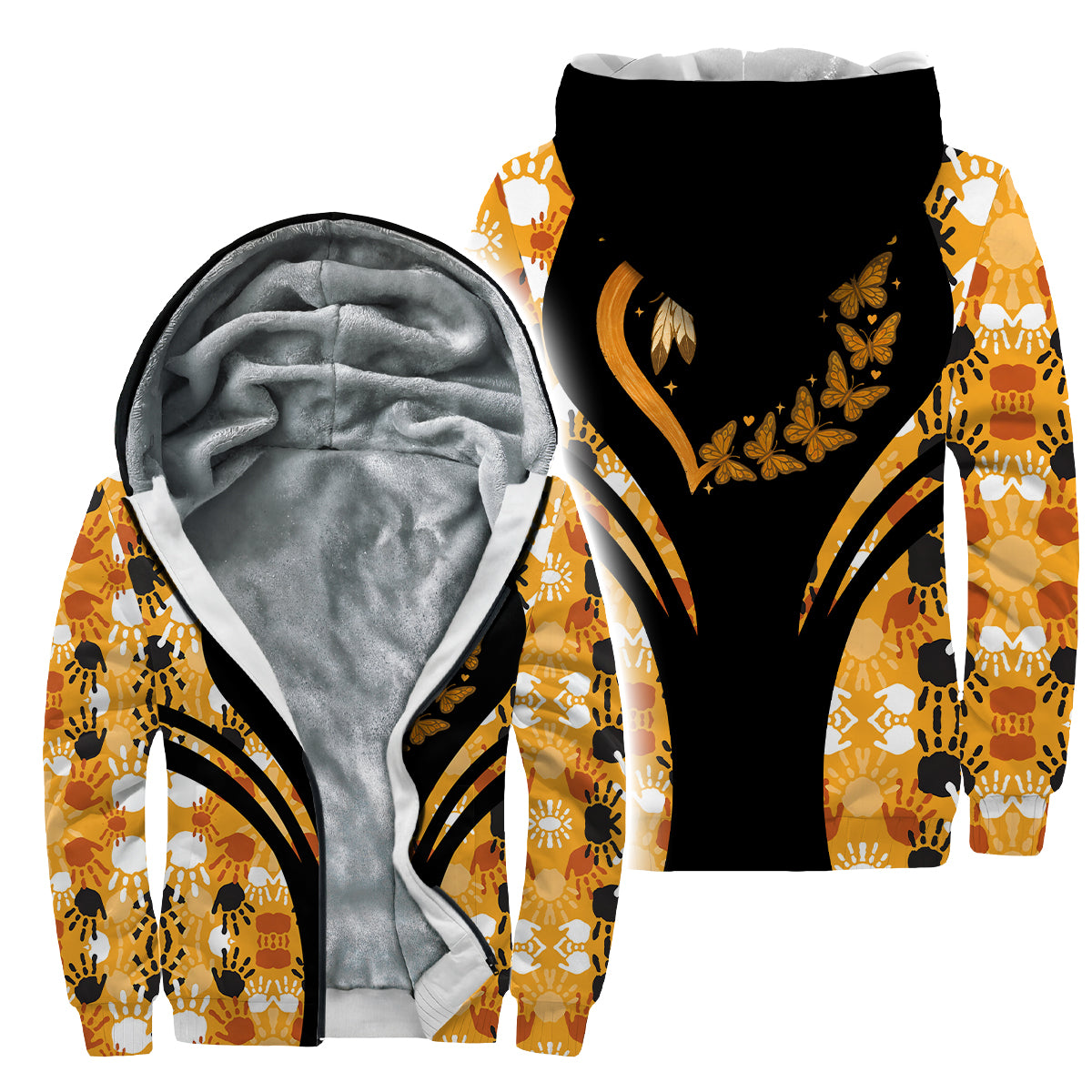 A velvet-textured jacket with an "Every Child Matters" design, featuring a handprint, heart, and butterfly to honor First Nations children.