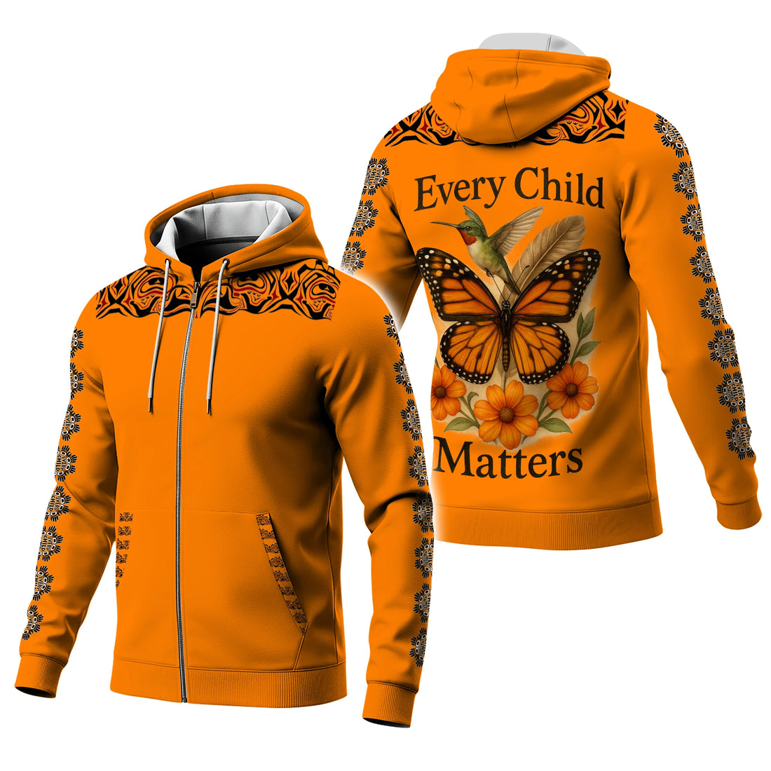 Orange zip-up hoodie with "Every Child Matters" text, butterfly, hummingbird, and tribal art.