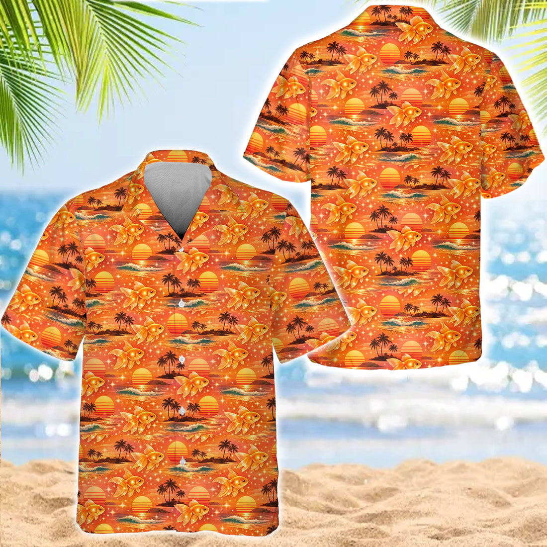 Goldfish Hawaiian Shirt, Sunset Beach Tropical Aloha Shirt, Ocean Summer Vacation Shirt