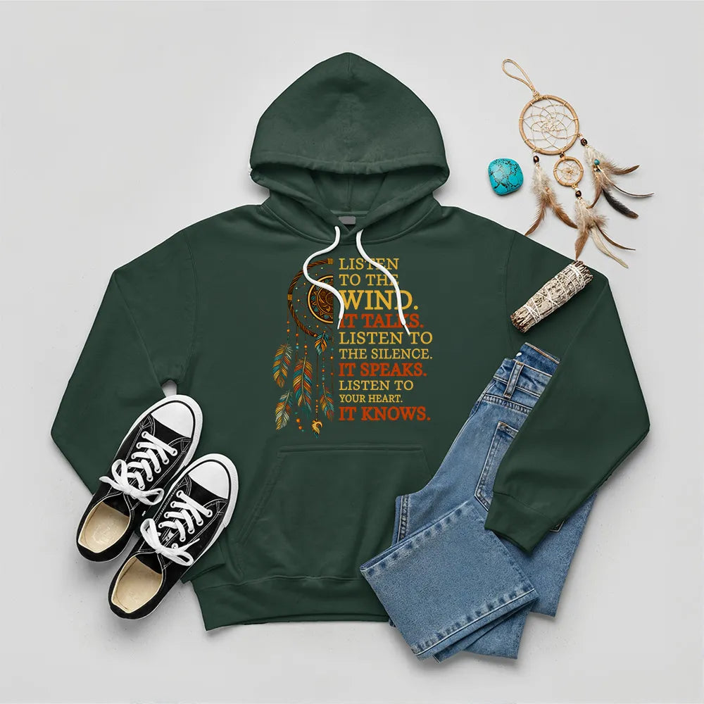 Forest green hoodie showcasing dreamcatcher and ‘Listen to the Silence’ quote