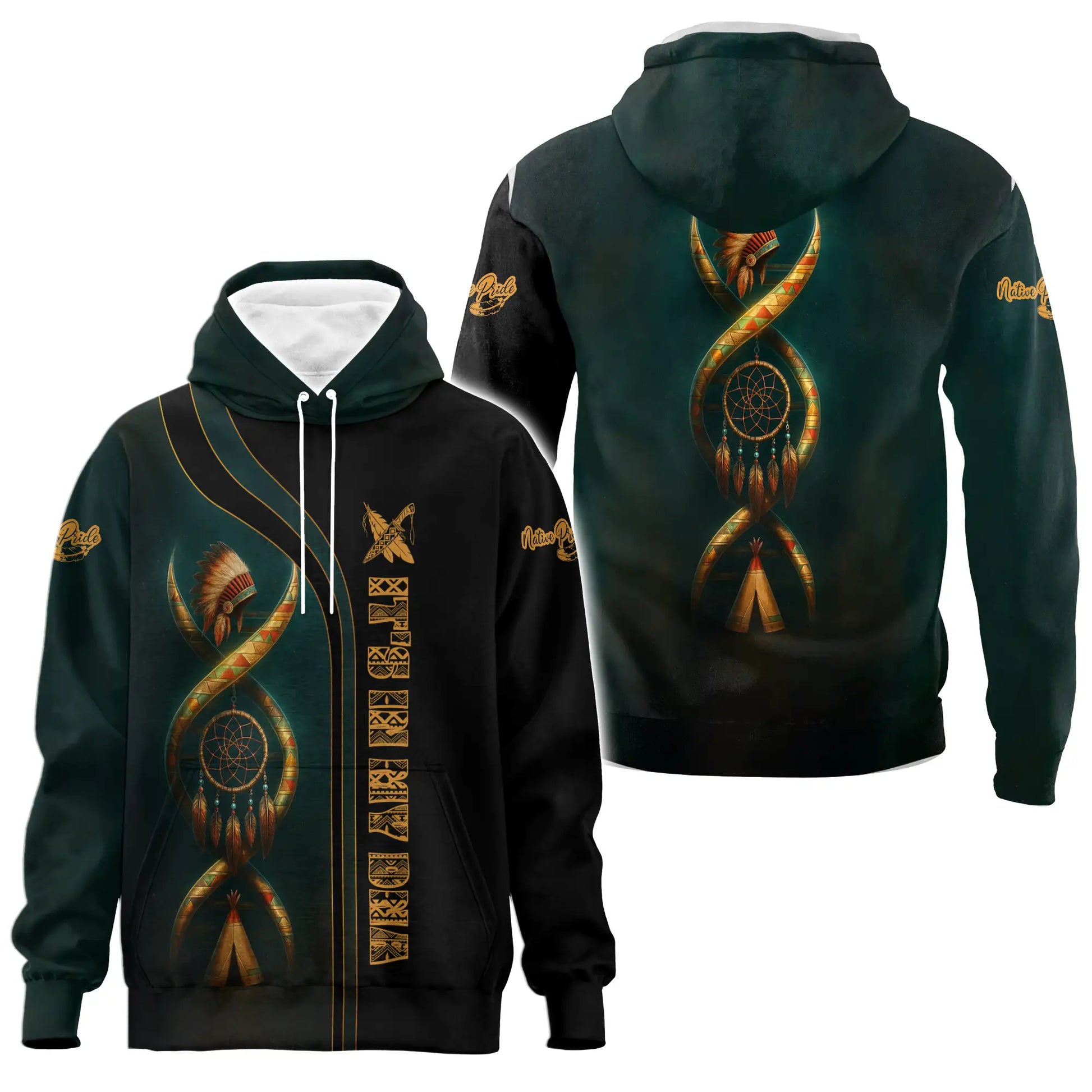 Native-style hoodie with warbonnet and dreamcatcher motifs front and back