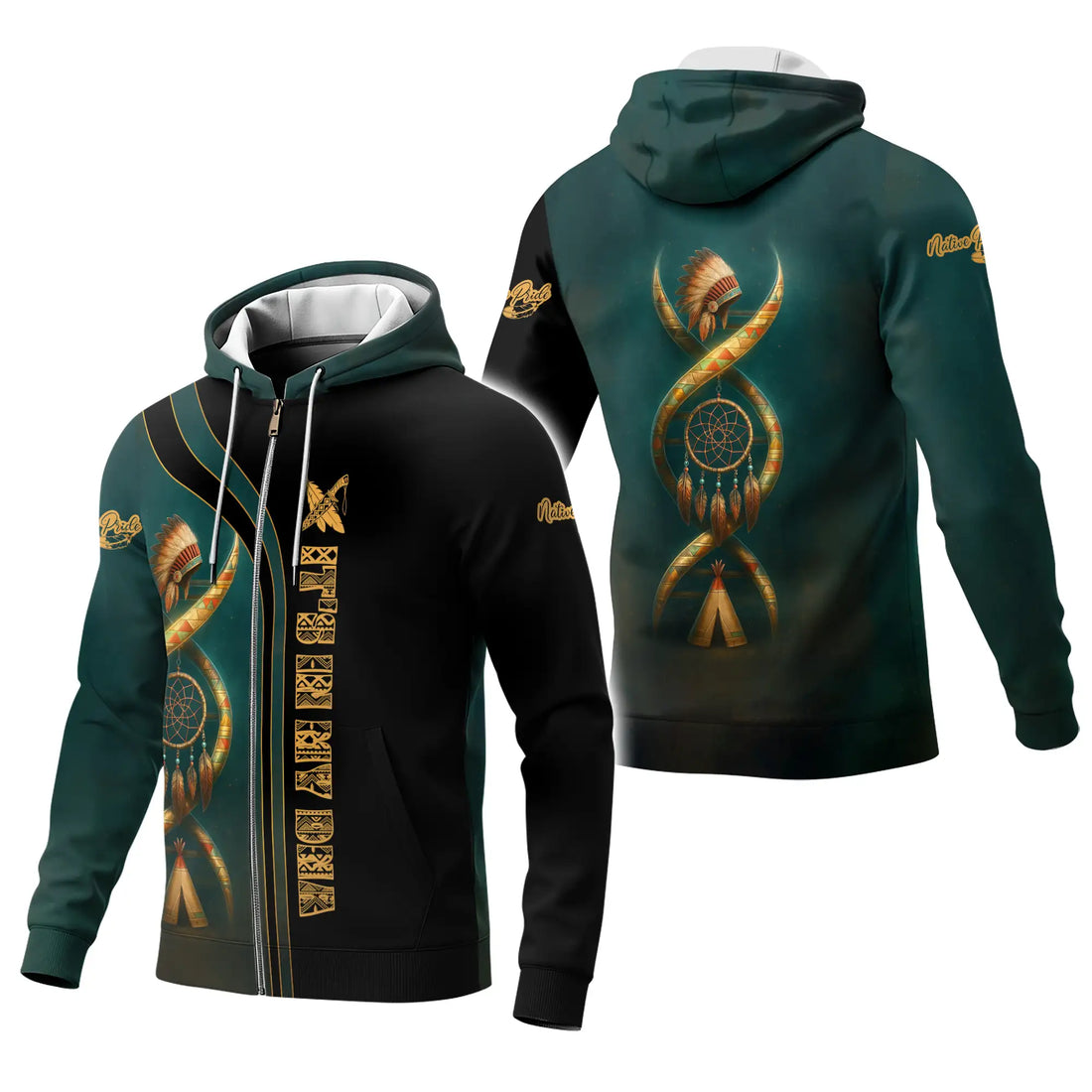 oman taking a mirror selfie wearing a black zip-up jacket featuring a vertical dreamcatcher design entwined with a tribal warbonnet motif, set against a dark green background on one half and solid black on the other.