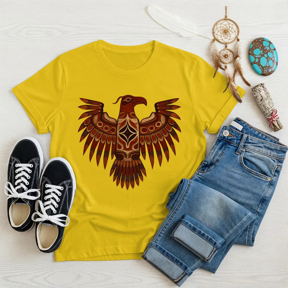 Golden daisy T-shirt with Native American Thunderbird artwork
