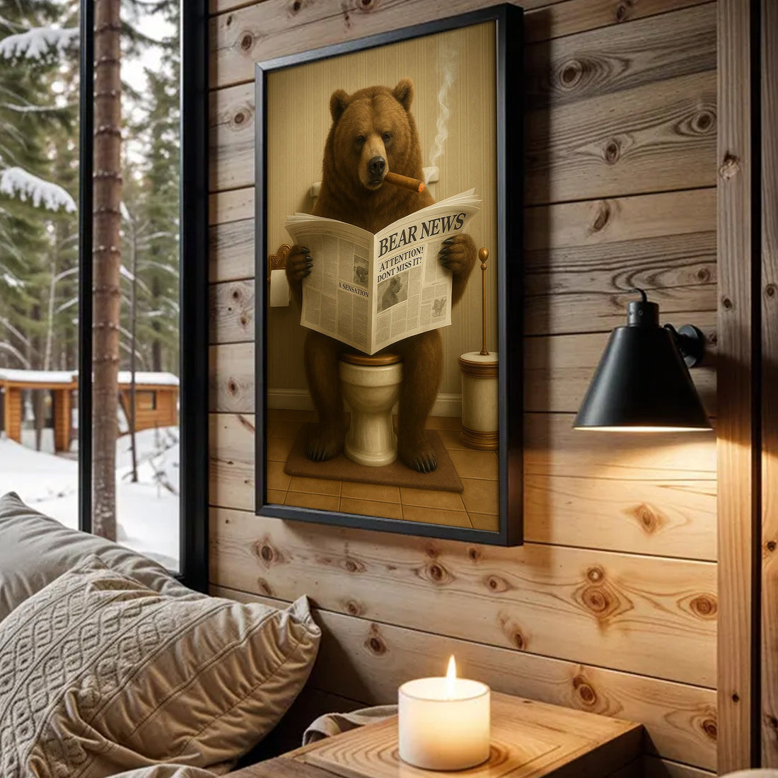 Grizzly Bear Bathroom Canvas – Funny Cabin Decor with Bear Hunting on Toilet Reading Newspaper - Gift for Outdoorsmen