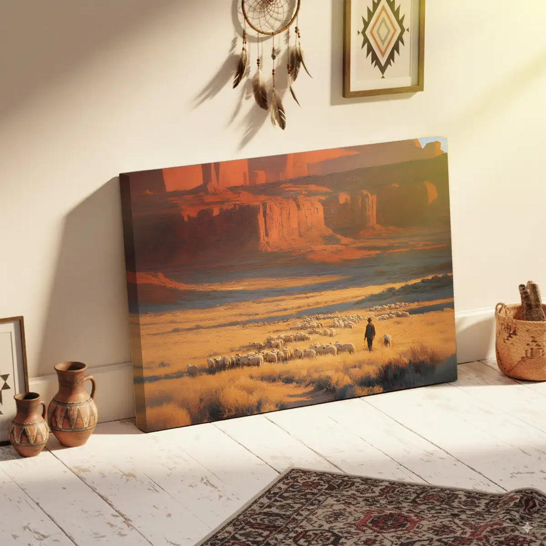Indigenous Canvas Wall Art, Shepherd With Sheep In Desert Landscape