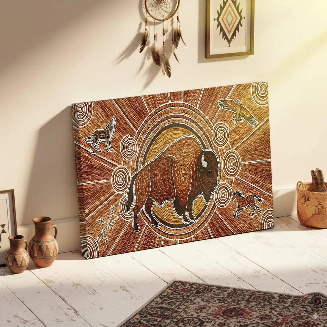 Sacred Bison Sun Animal Painting Indigenous Canvas Wall Art