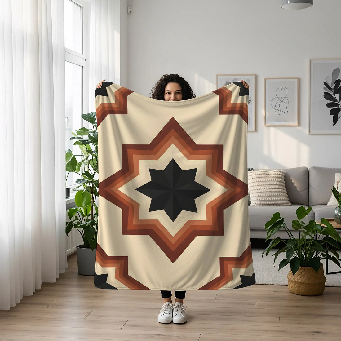 Indigenous Blanket, Tribal Star Pattern, Beige Brown Throw