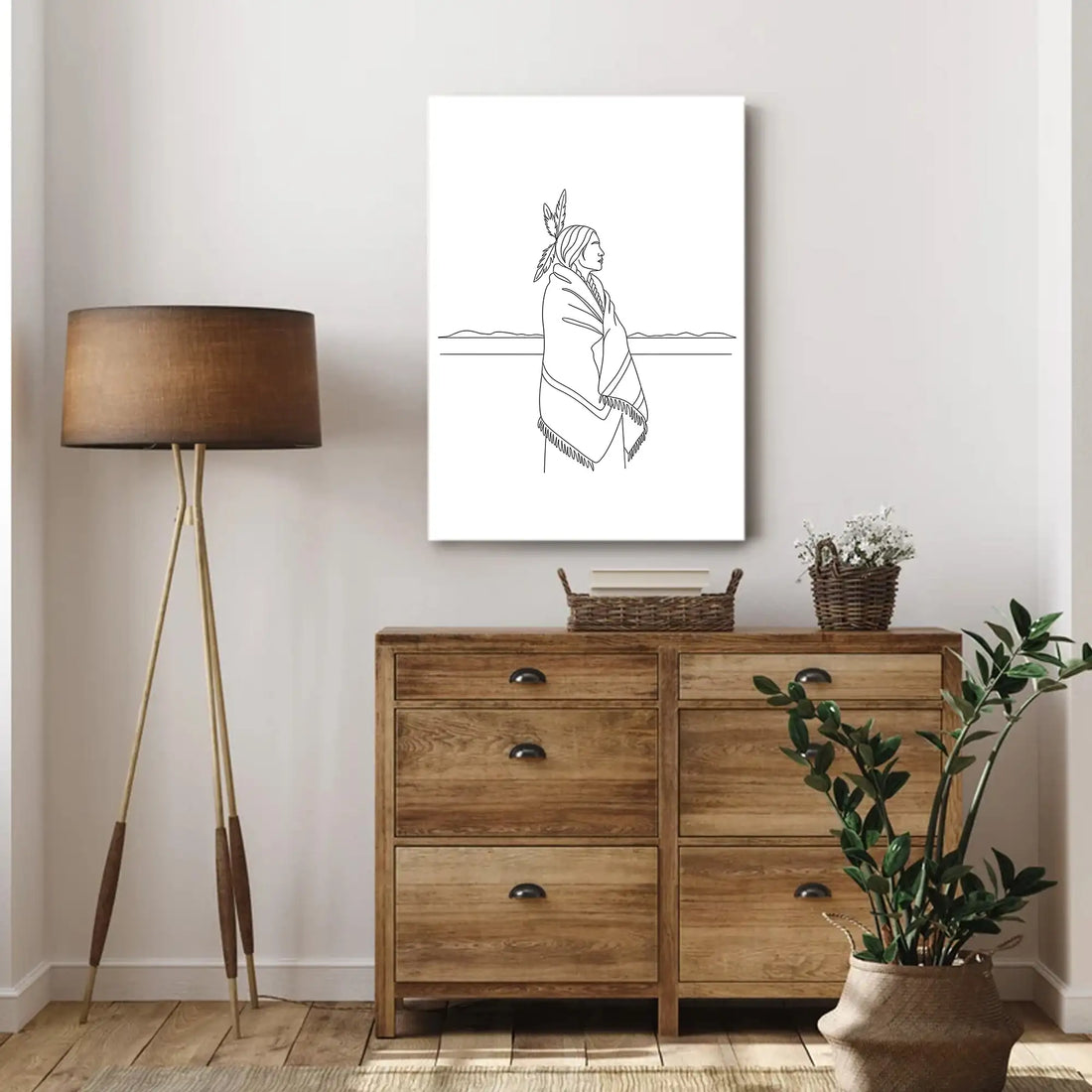Indigenous Woman Line Art With Feather Headdress Canvas