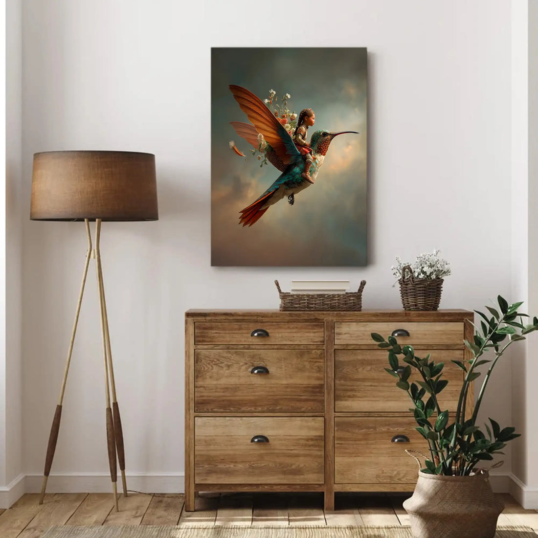 Fantasy Wall Art,  Magical Child Riding Hummingbird with Flowers