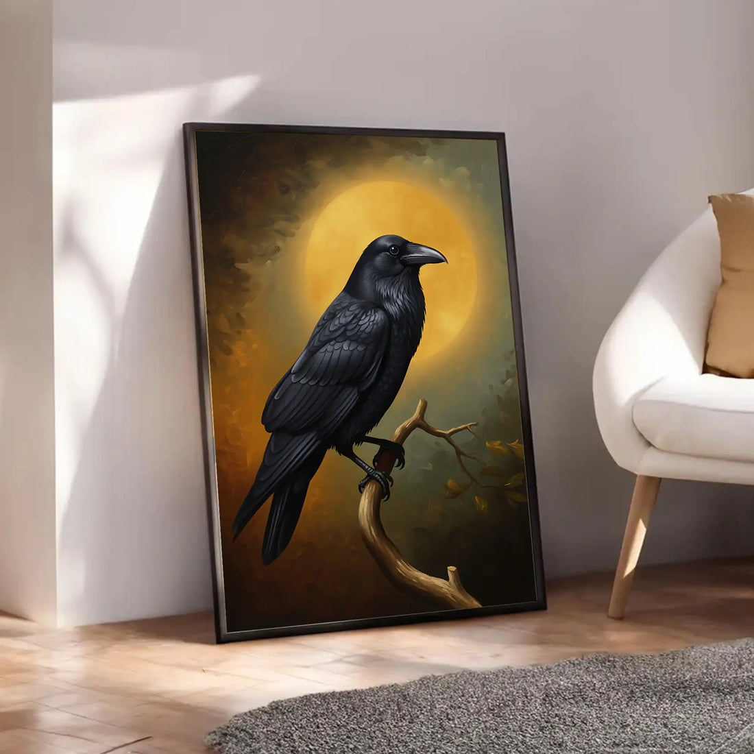 "A Raven Brings The Light" Wall Art, Crow And Moon Canvas Painting For Home Decor