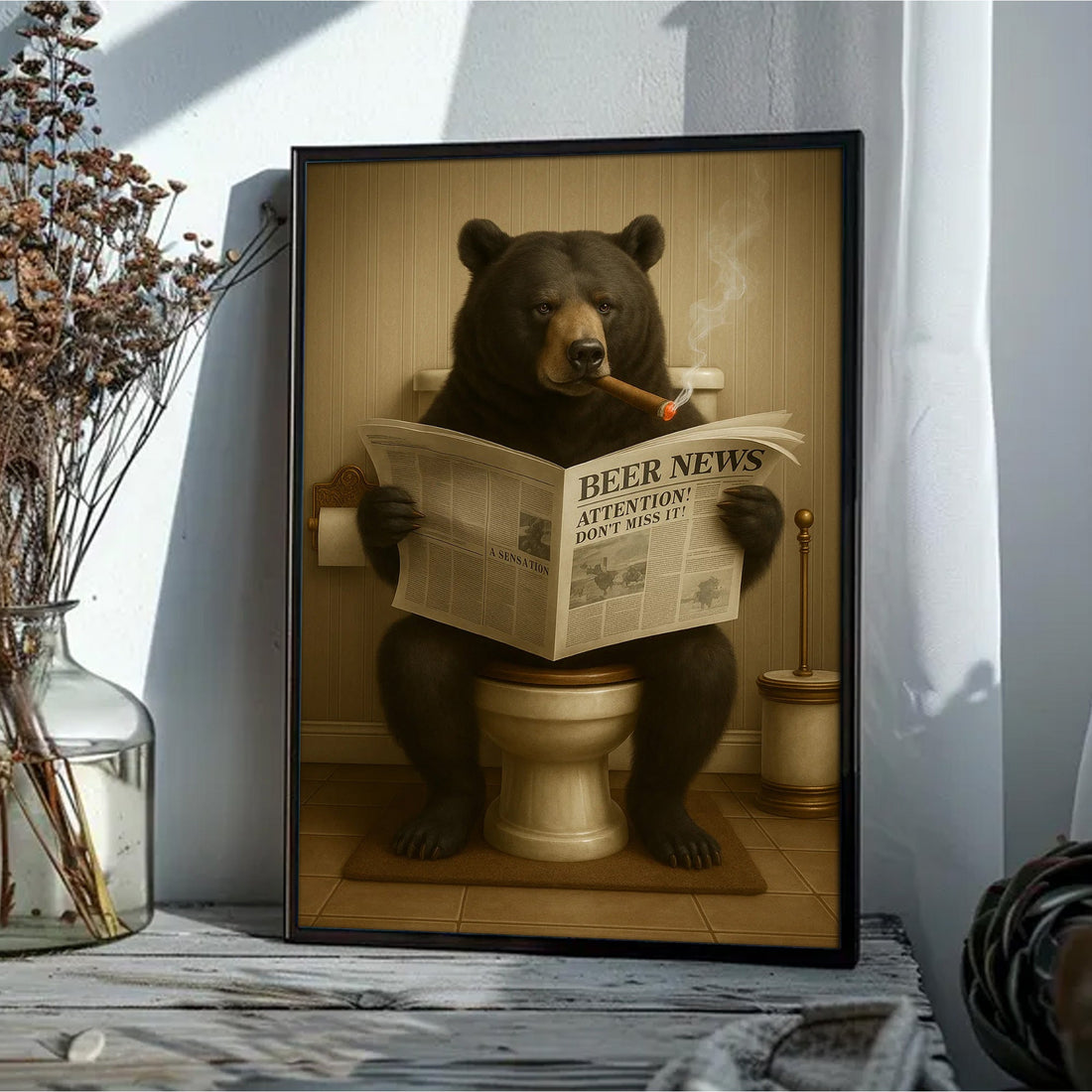 Funny Bear Newspaper Bathroom Canvas Wall Art – Wildlife Animal Poster - Unique Gift for Dad, Hunters & Outdoorsmen
