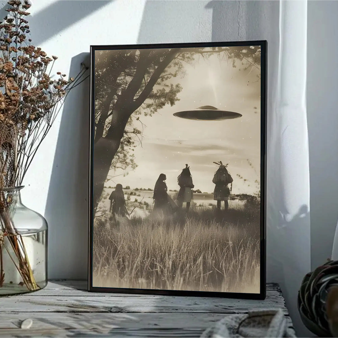 Vintage Tribal Figures with UFO Encounter, Sepia Retro Canvas Decor