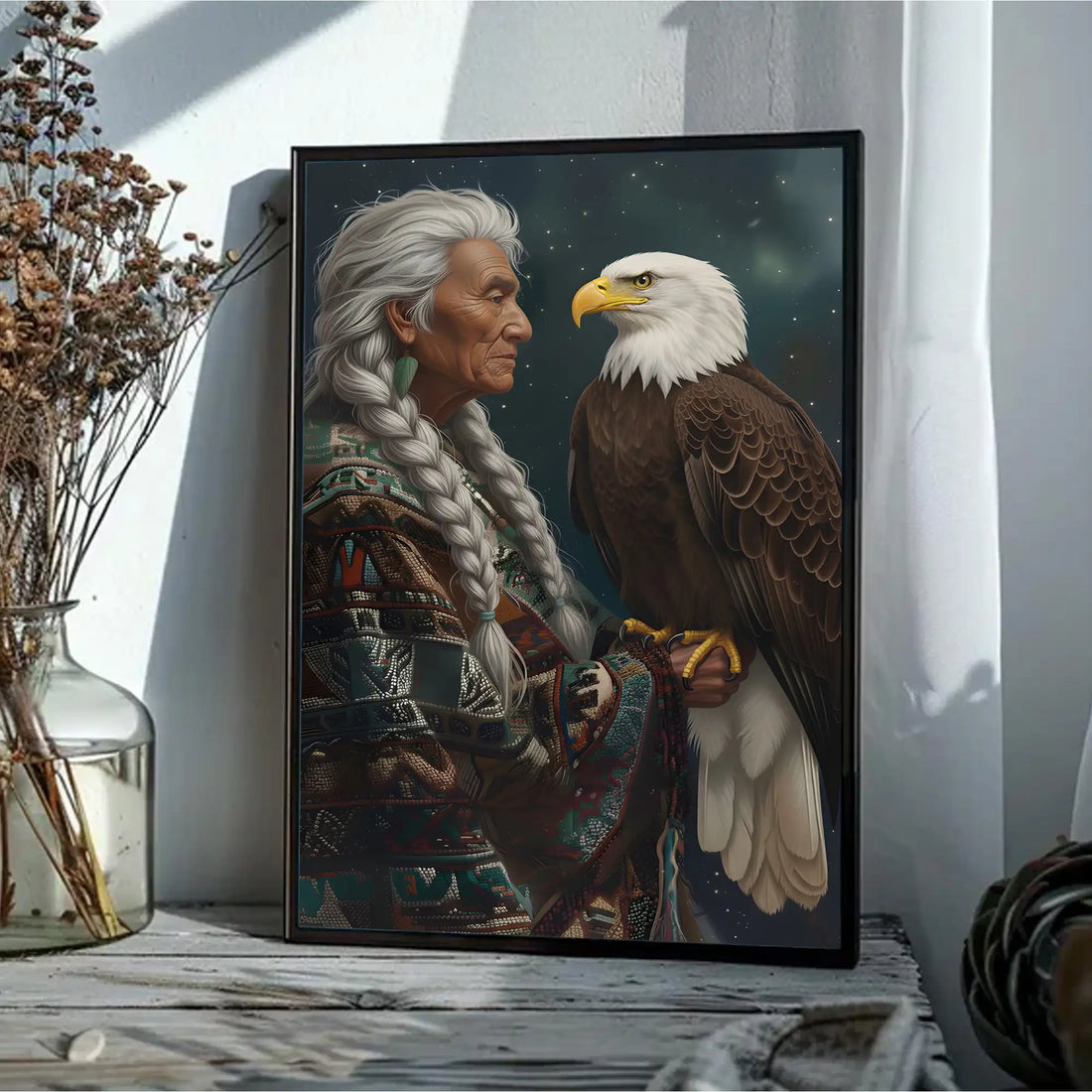 Spiritual Tribal Elder With Eagle Painting, Indigenous Canvas Wall Art