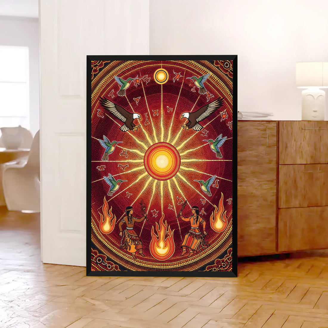 Sun Dance Tribal Painting With Eagles And Hummingbirds Canvas Wall Art