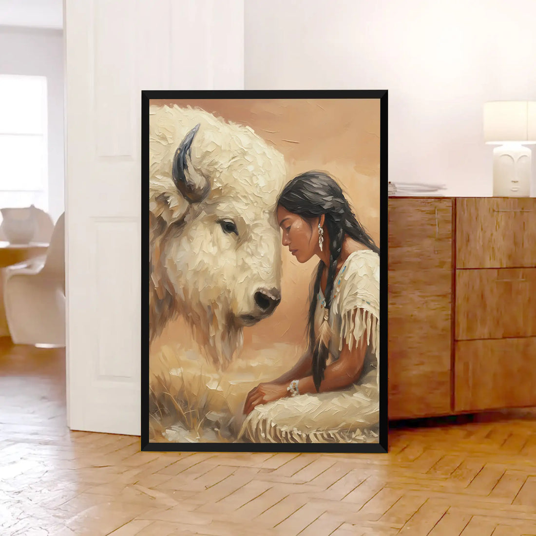 Spiritual Canvas Woman with White Buffalo Native American Wall Art