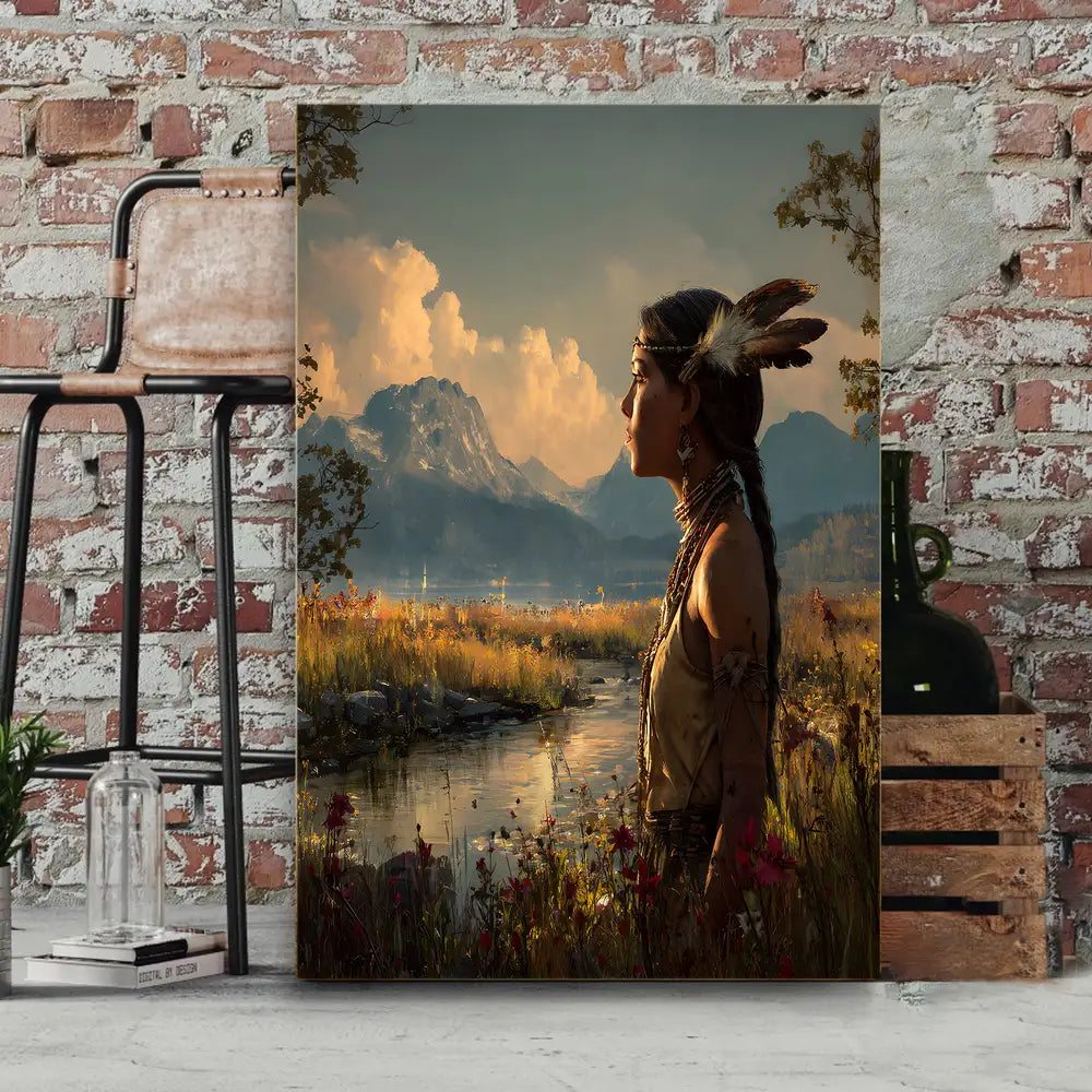 Native American Woman Canvas Wall Art | Tribal Landscape Portrait Decor
