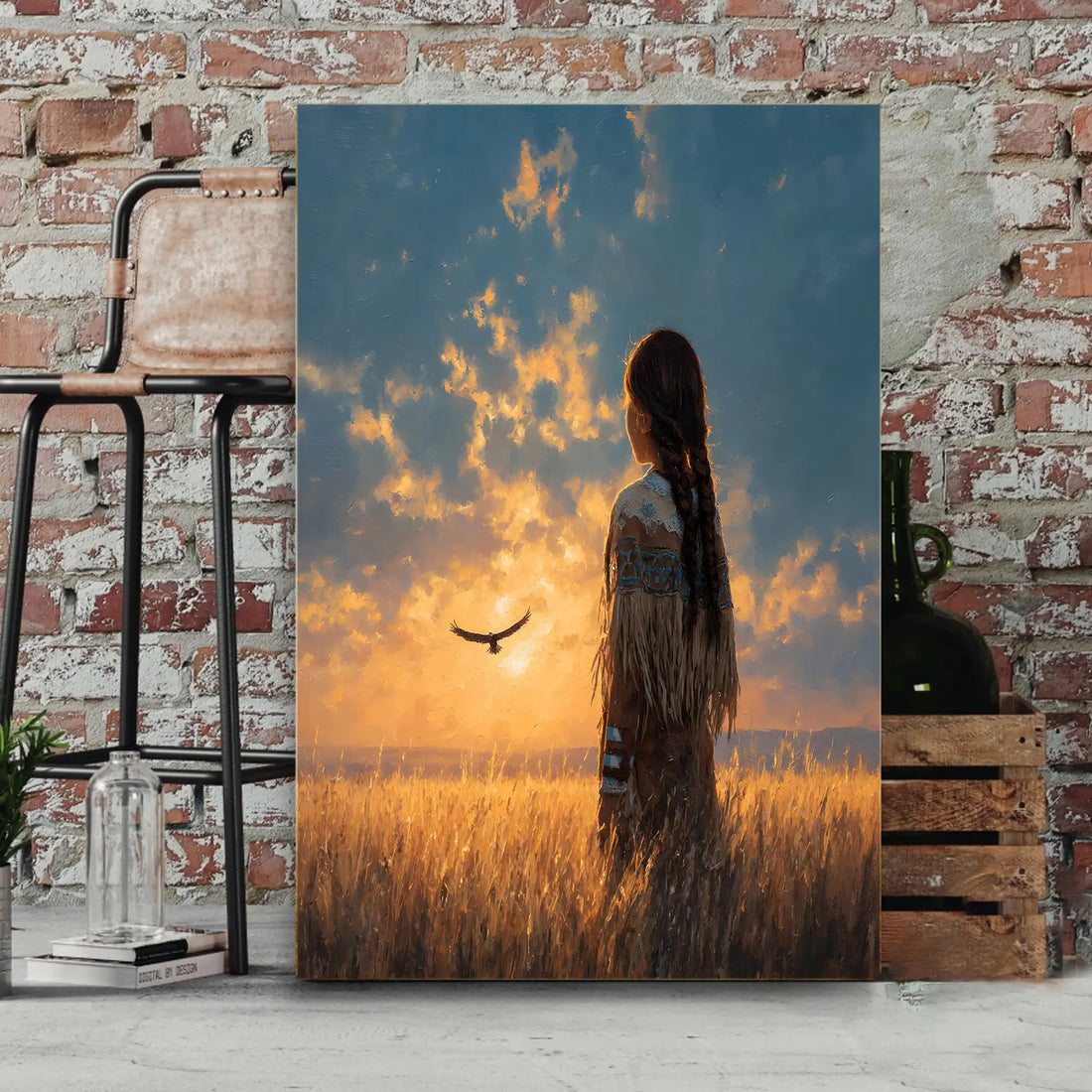 Native American Sunset Wall Art, Girl with Eagle, Western Canvas Print