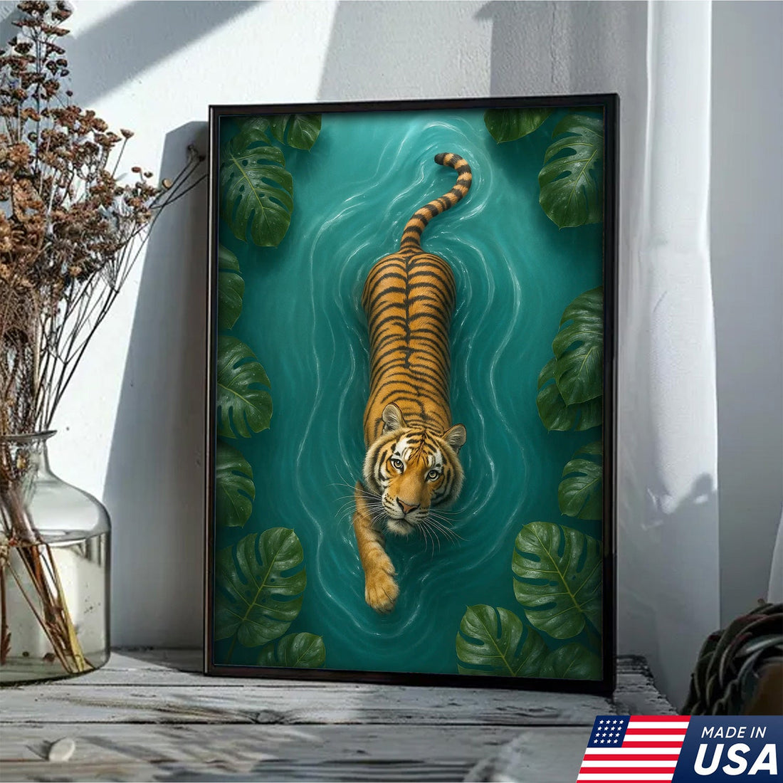Tiger Swimming in Jungle River Wall Art – Exotic Wildlife Canvas Print for Living Room, Office & Nature Decor