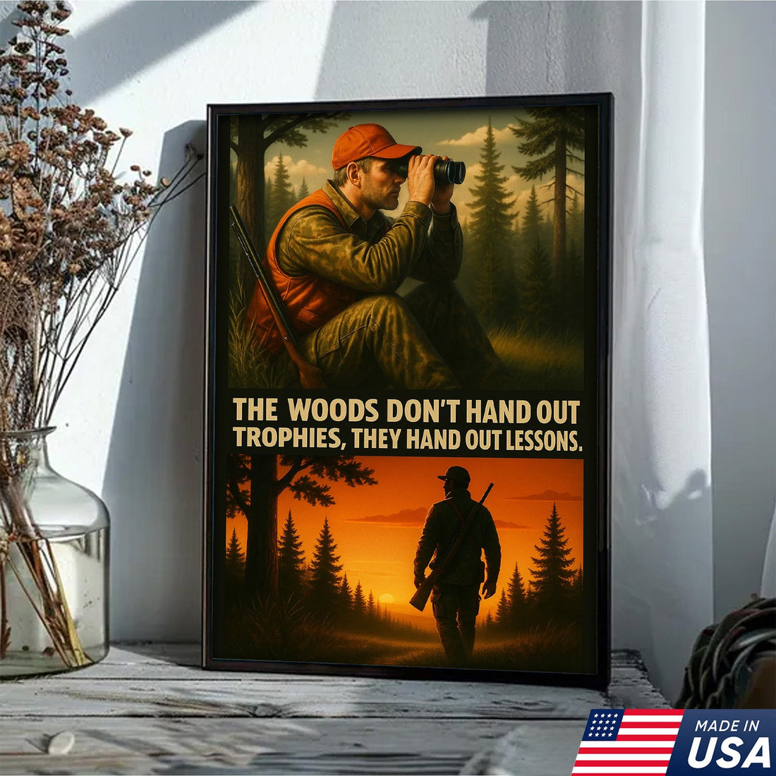 Inspirational Hunting Canvas Wall Art – Hunter in Forest with Rifle & Quote “The Woods Don’t Hand Out Trophies, They Hand Out Lessons” – Rustic Lodge Cabin Decor