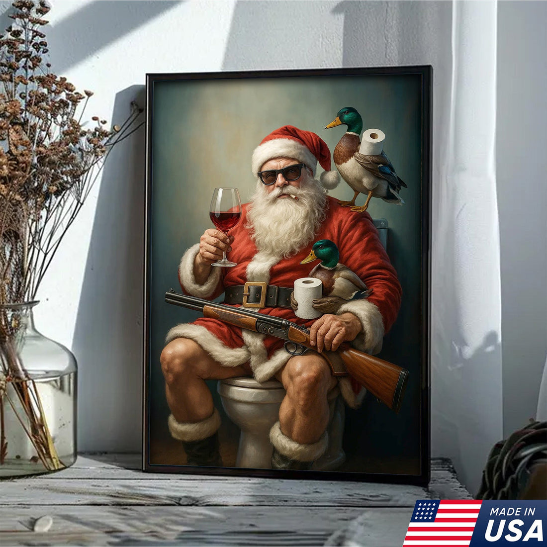 Santa Duck Hunting Christmas Canvas – Funny Holiday Wall Art for Rustic Cabin Bathroom Decor
