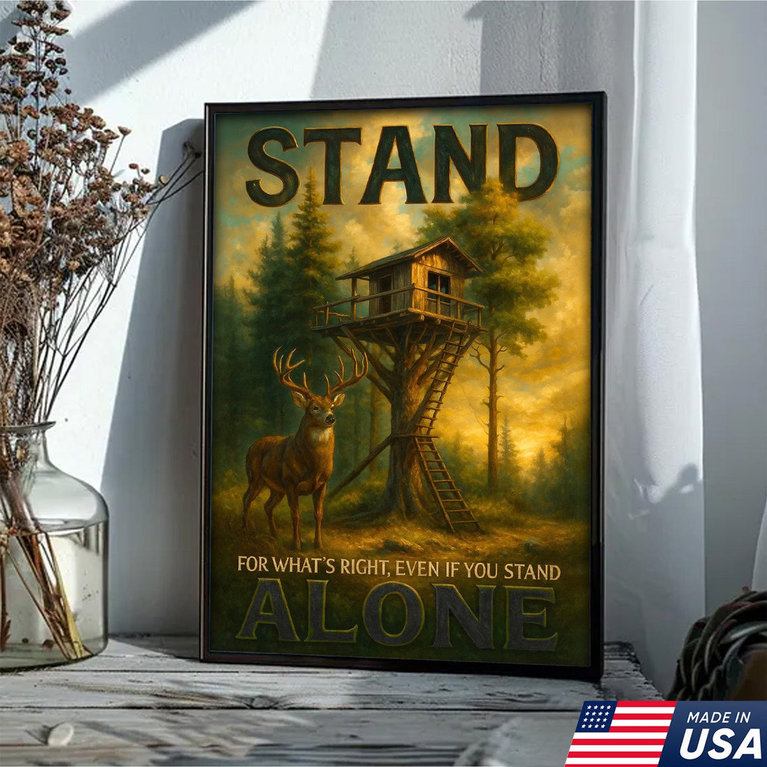 Inspirational Deer Hunting Canvas Wall Art – Rustic Cabin Lodge Decor with Motivational Quote