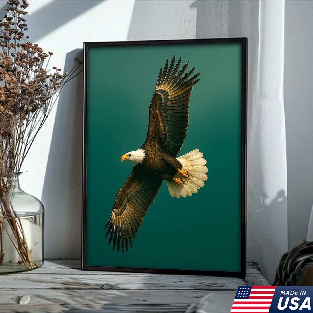 Majestic Bald Eagle in Flight Wall Art – Patriotic Wildlife Canvas Print for Office, Cabin & Home Decor