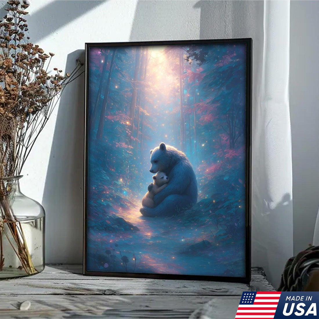 Mother Bear and Cub Canvas Wall Art – Heartwarming Wildlife Artwork in Enchanted Forest with Glowing Light – Rustic Cabin & Nature Lover Decor