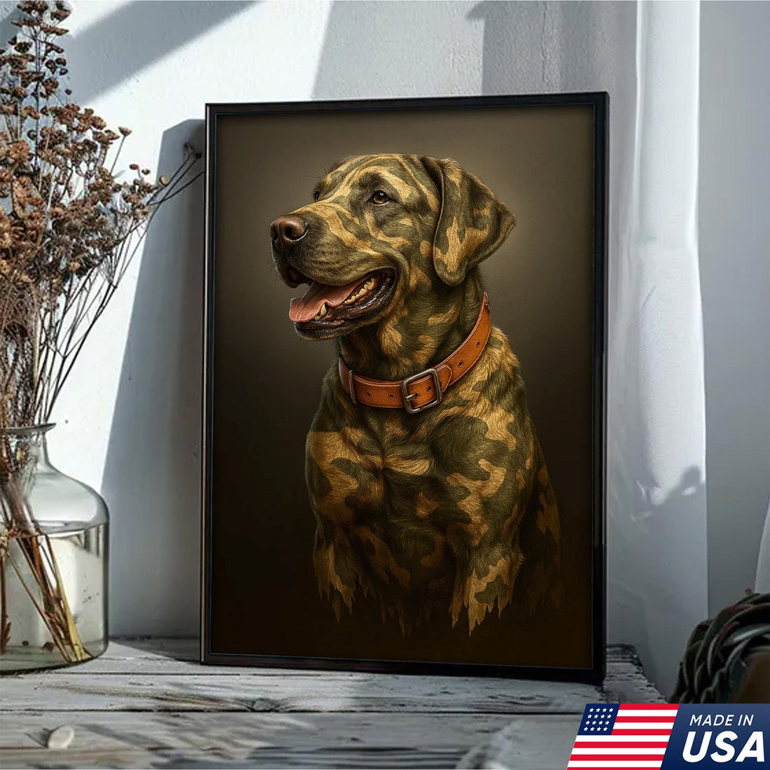 Camouflage Hunting Dog Canvas Wall Art – Rustic Lodge Decor for Hunters and Dog Lovers