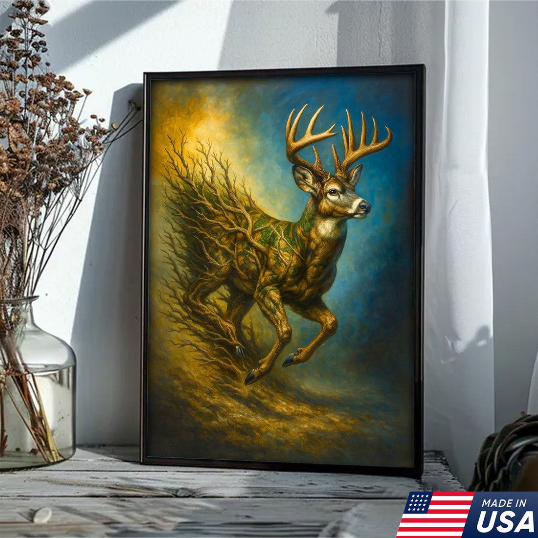 Majestic Deer Canvas Wall Art – Surreal Wildlife Nature Scene – Rustic Lodge and Cabin Decor