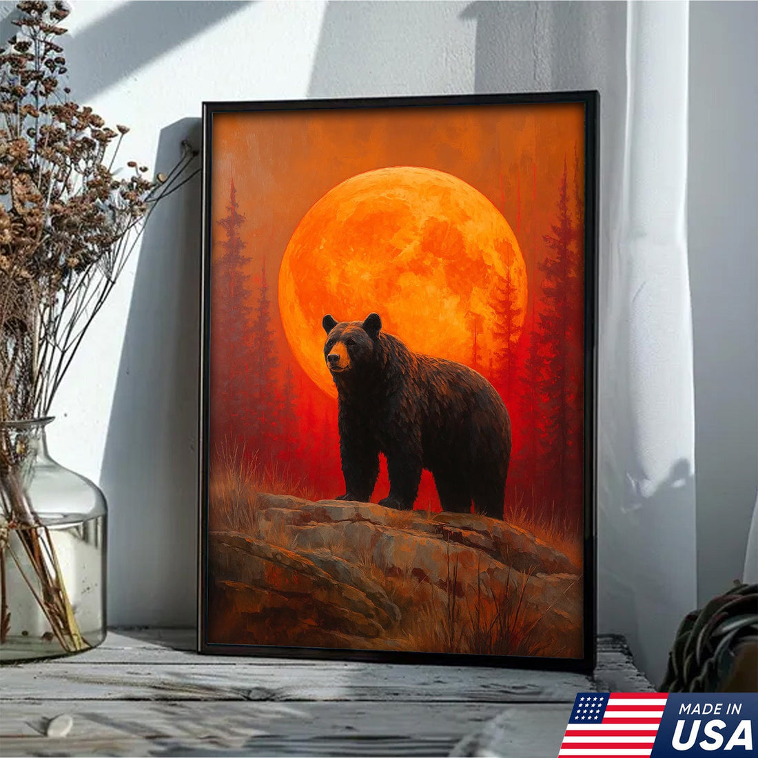 Bear Canvas Wall Art – Majestic Black Bear with Fiery Orange Full Moon – Rustic Wildlife Lodge & Cabin Decor