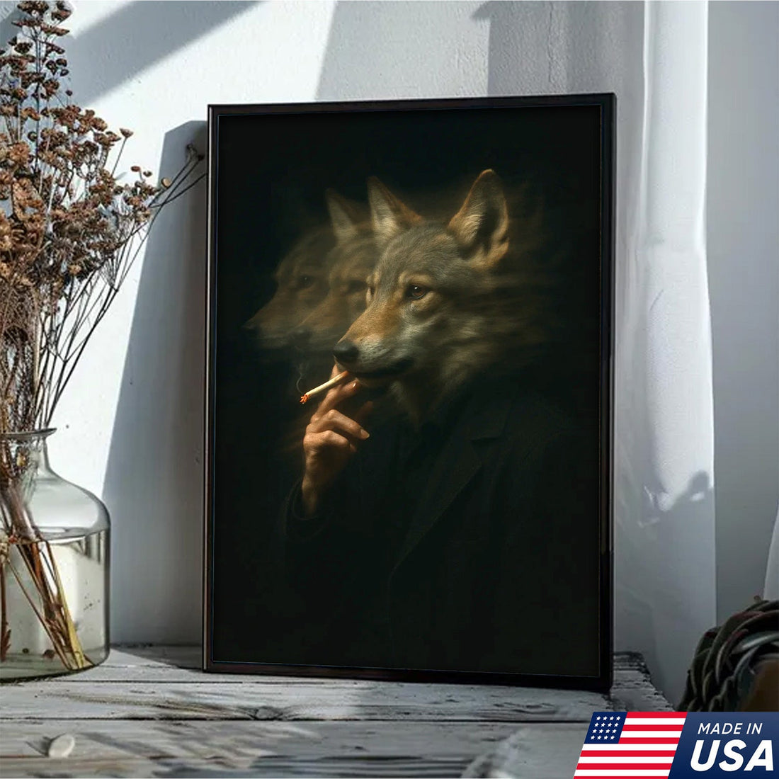 Mystical Wolf Coyote Canvas Wall Art - Mysterious Animal Portrait with Surreal Motion Effect - Unique Wildlife Artwork for Home Decor