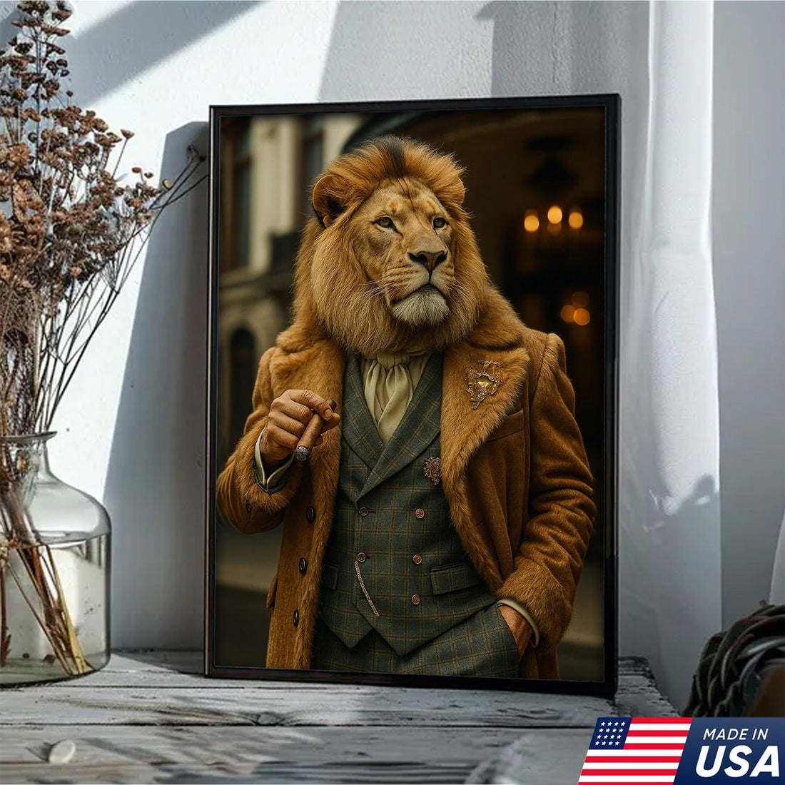 Stylish Lion Gentleman Wall Art – Vintage Animal Portrait Canvas Print for Office, Lounge & Study Decor