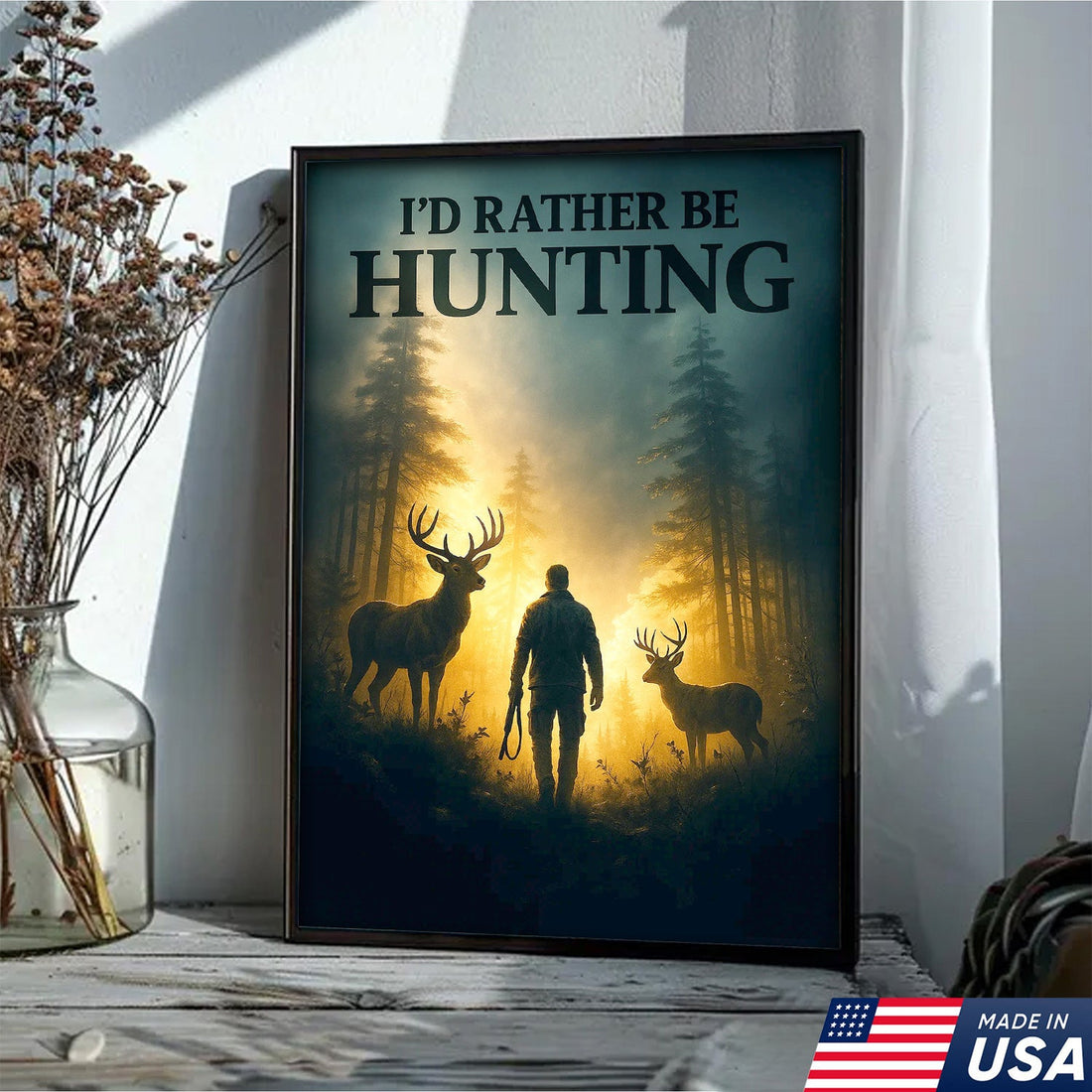 I'd Rather Be Hunting Canvas Wall Art – Rustic Deer and Hunter Scene – Cabin Lodge Outdoor Decor