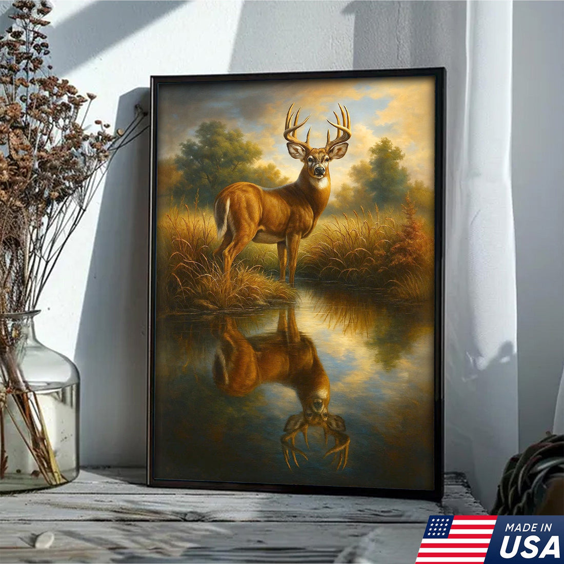 Majestic Deer Reflection Canvas Wall Art – Rustic Wildlife Nature Scene – Cabin and Lodge Decor