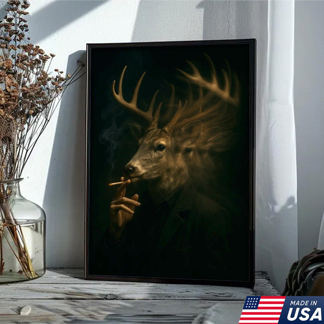 Majestic Deer Canvas Wall Art - Mysterious Stag Portrait with Surreal Motion Effect - Unique Wildlife Artwork for Home Decor