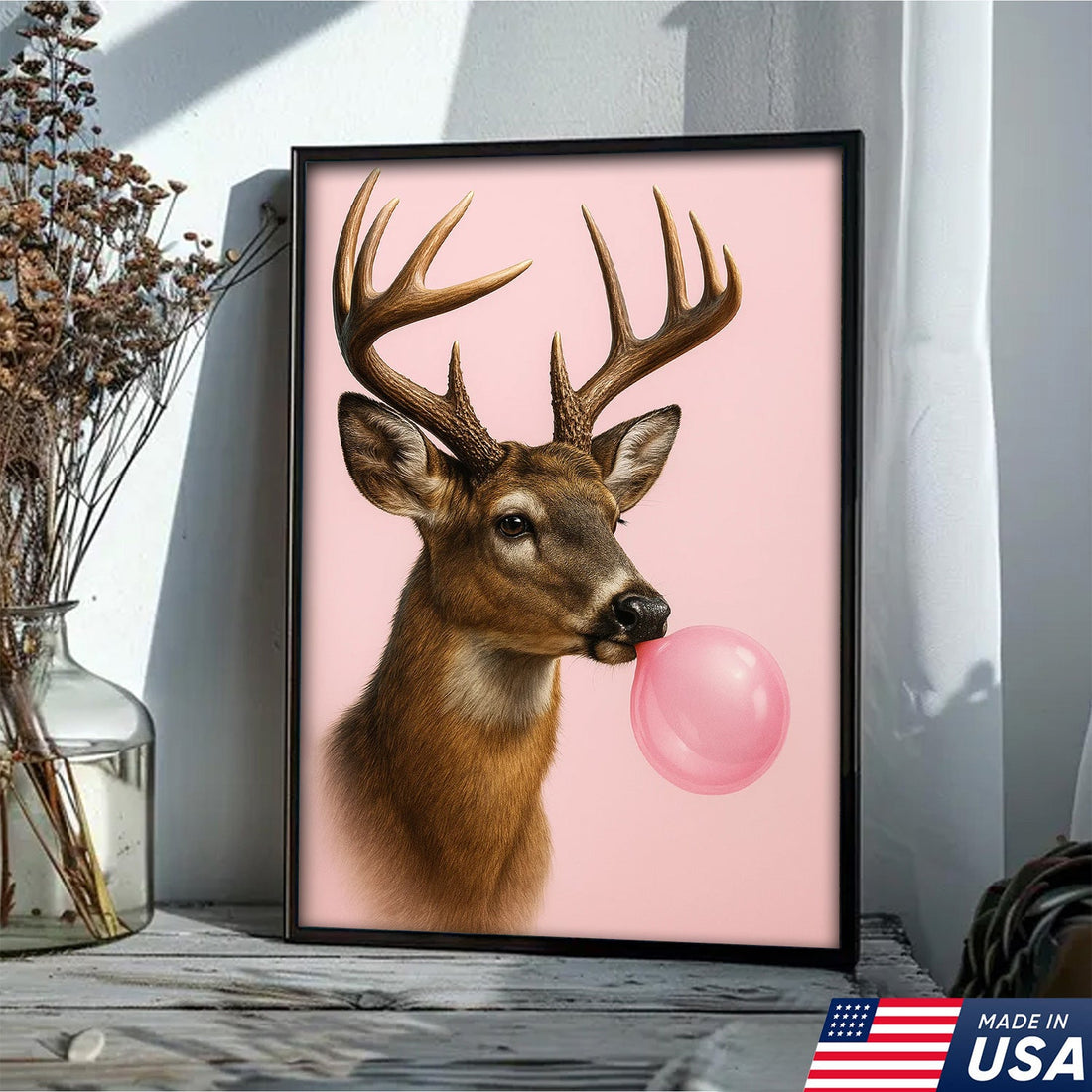 Funny Deer Blowing Bubblegum Wall Art – Modern Animal Canvas Print for Living Room, Cabin & Lodge Decor