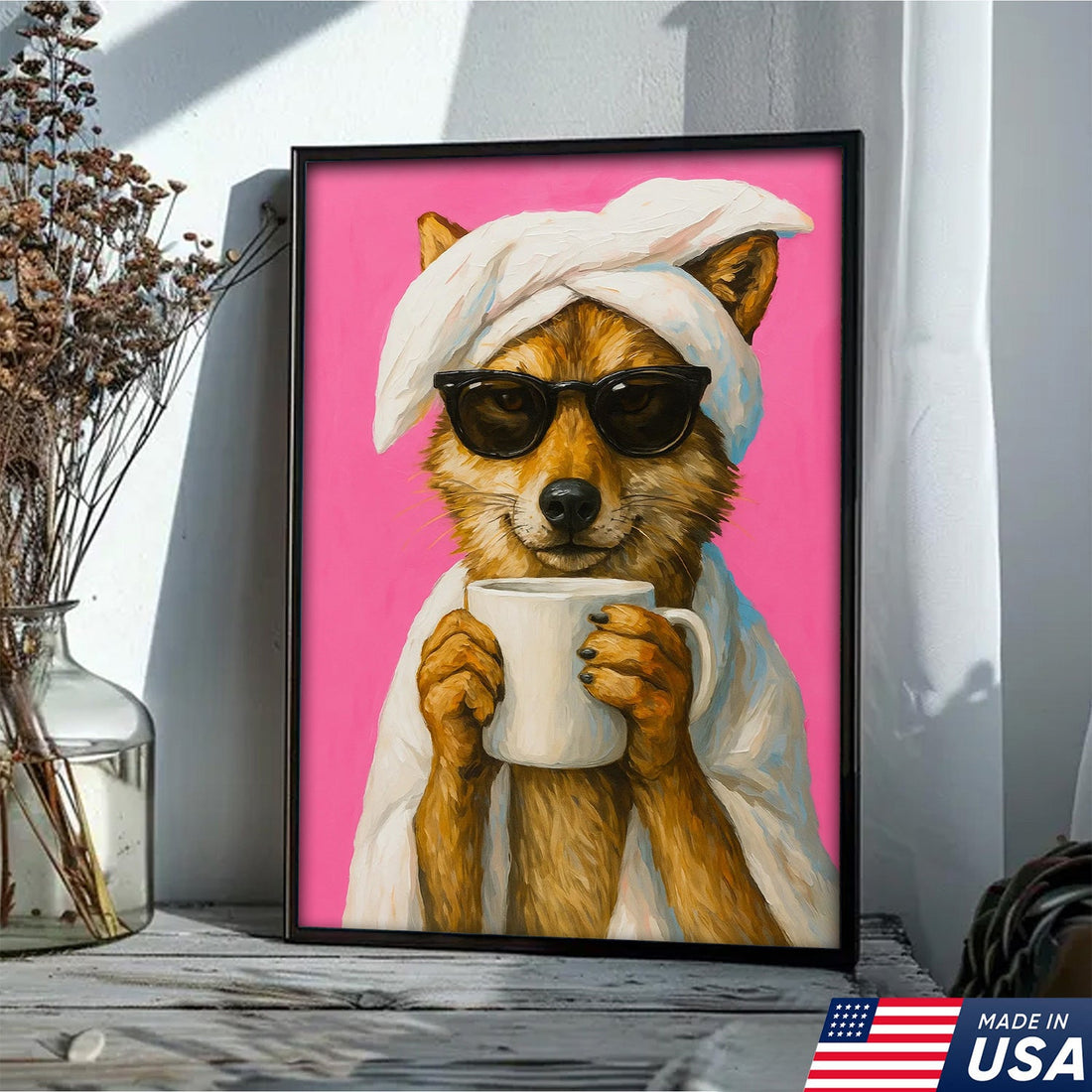 Funny Fox Drinking Coffee Wall Art – Modern Animal Canvas Print for Kitchen, Office & Cafe Decor
