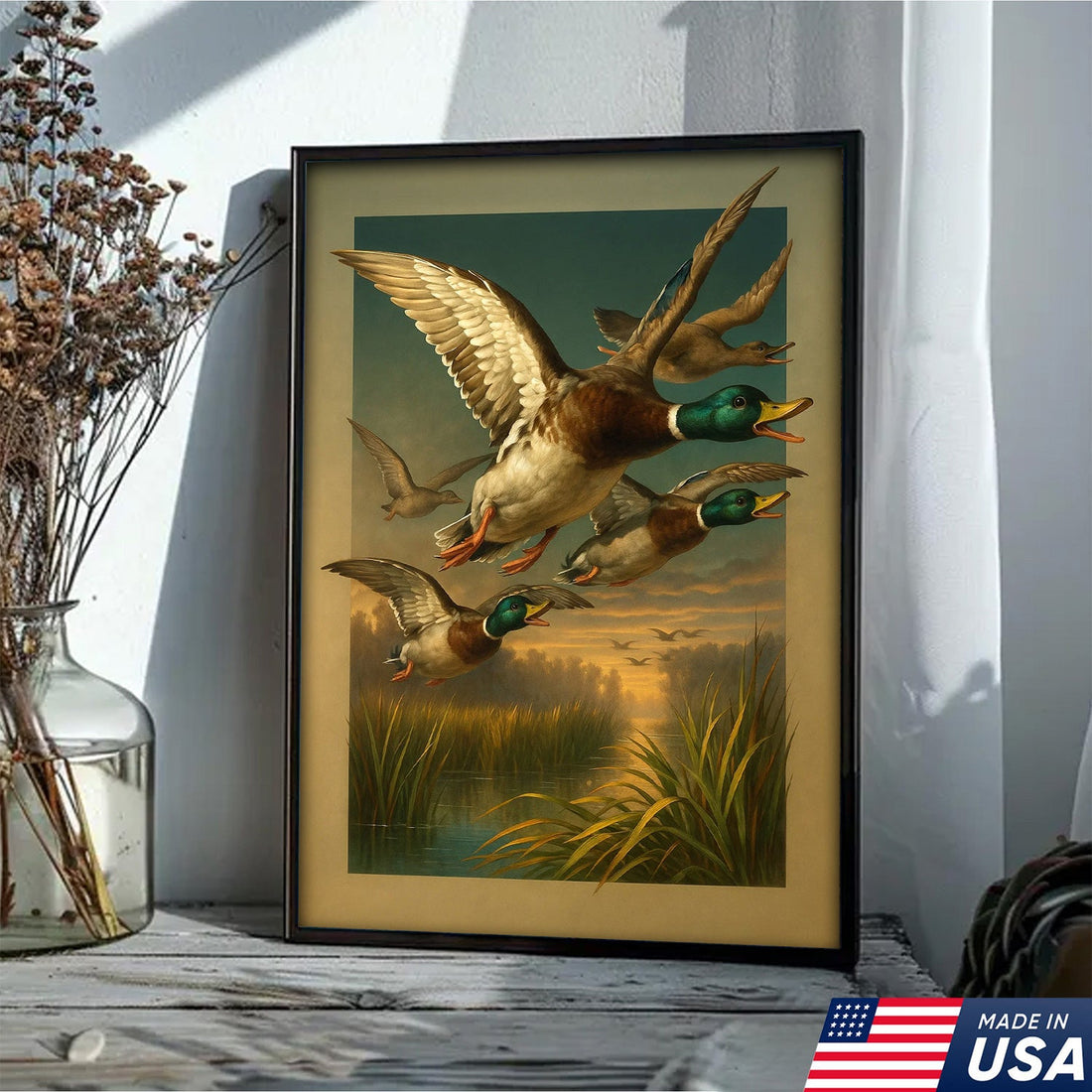 Mallard Ducks Flying Over Marsh Wall Art – Vintage Wildlife Canvas Print for Cabin & Lodge Decor