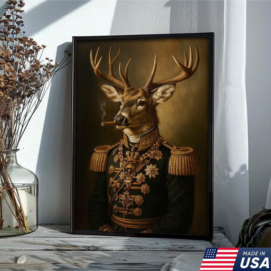 Royal Deer Portrait Canvas Wall Art, Elegant Animal Dressed in Military Uniform, Vintage Noble Stag Artwork for Rustic Home Decor