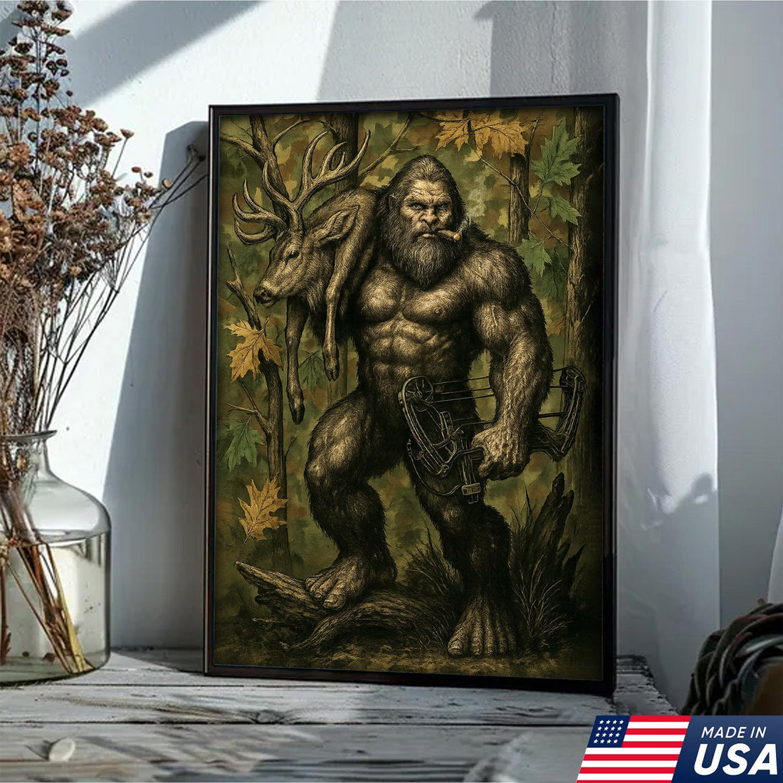Bigfoot Hunter Canvas Wall Art, Mythical Sasquatch Bowhunting Deer Artwork, Rustic Woodland Decor for Hunters and Outdoor Lovers