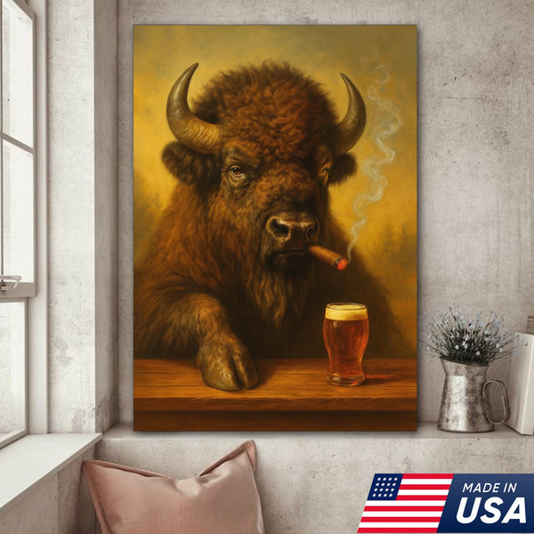 Funny Bison Smoking & Drinking Canvas Wall Art - Rustic Bar