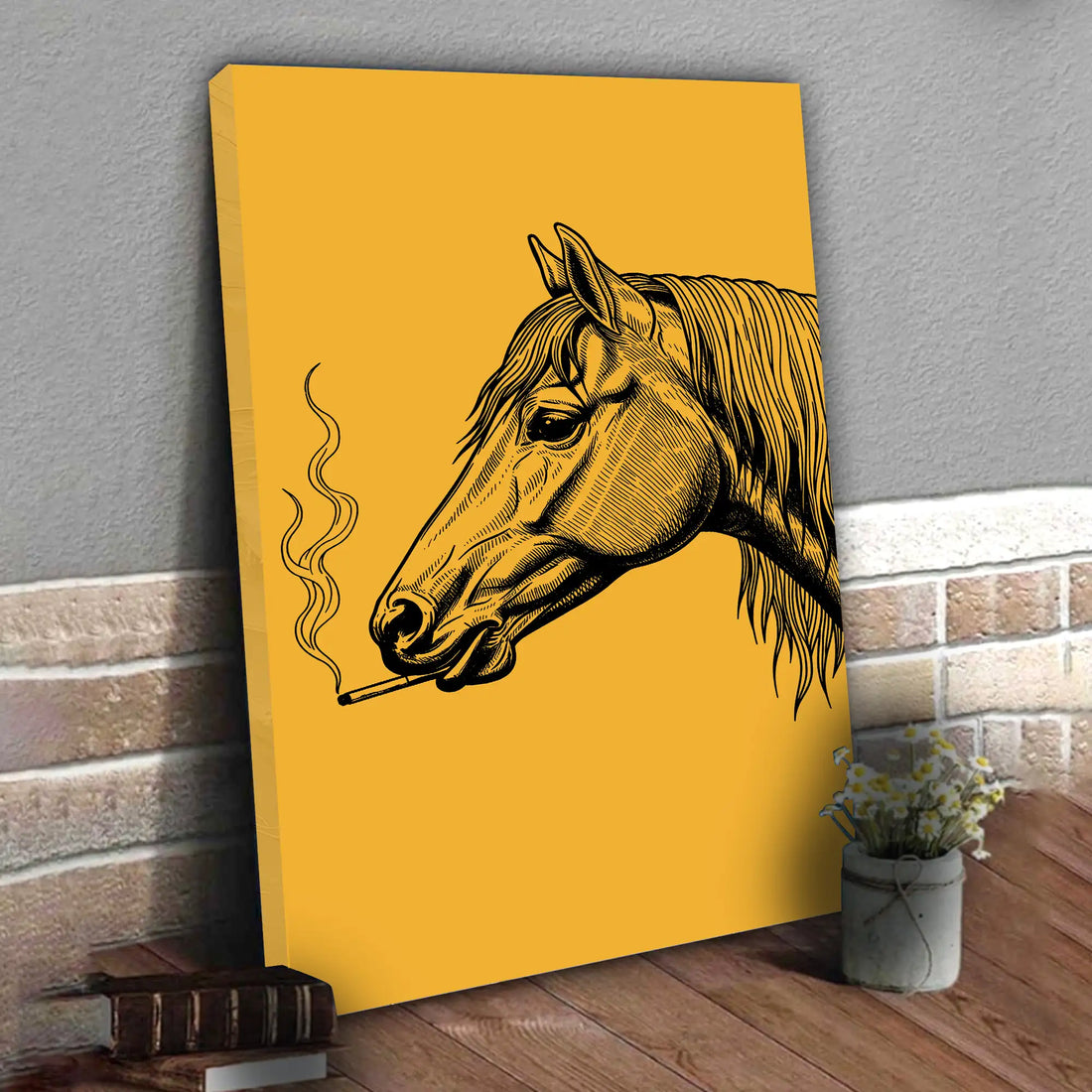 Smoking Horse Wall Art, Western Cowboy Canvas, Vintage Funny Poster